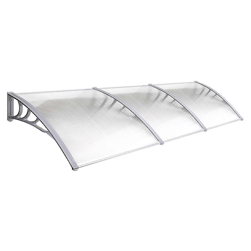 Translucent awning cover with arched panels and metal mounting frame, side view.
