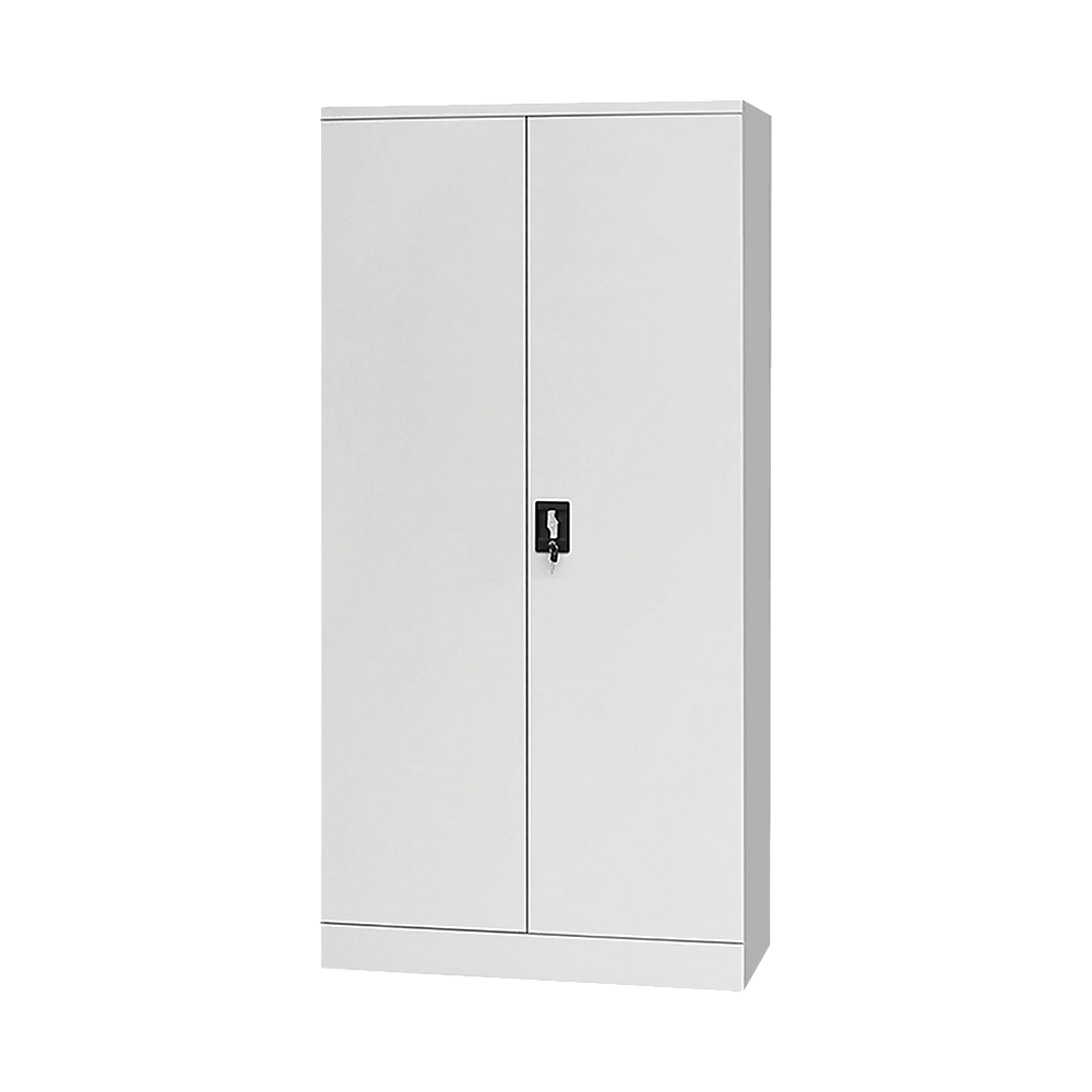 Two-door filing locker cabinet with metal lock, white cabinet with vertical door seams