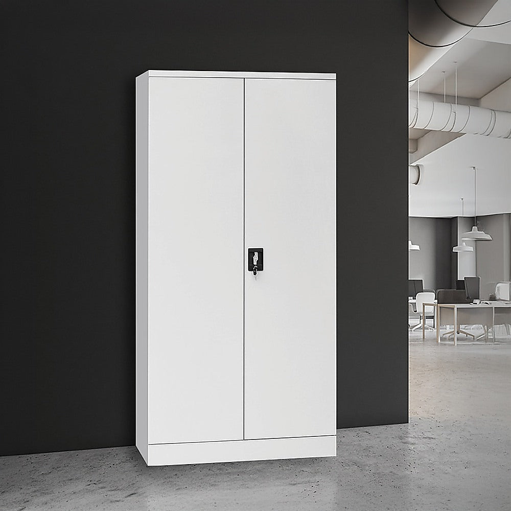Two-door filing locker cabinet with keyed lock, white cabinet with recessed door handle