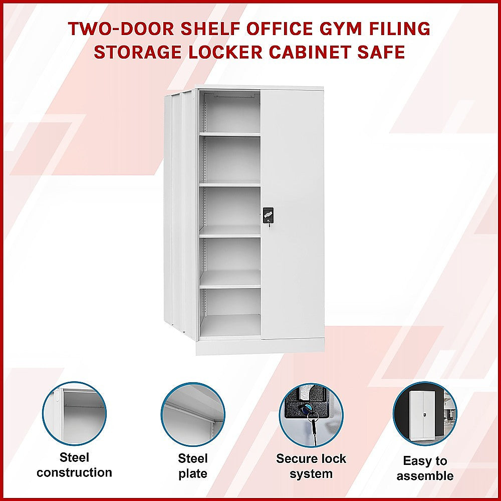 Two-door filing locker cabinet with open door and interior shelves, steel lock