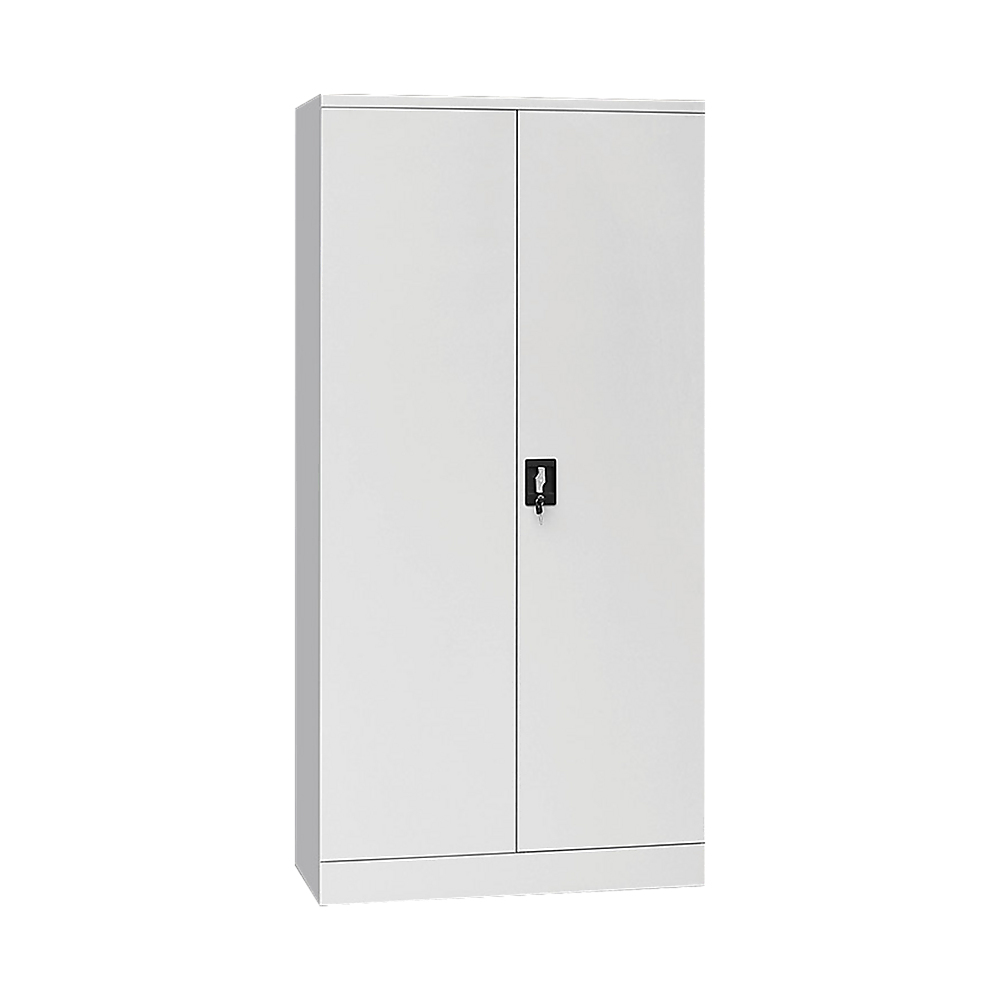 Two-door filing locker cabinet with metal lock and two front doors, white finish