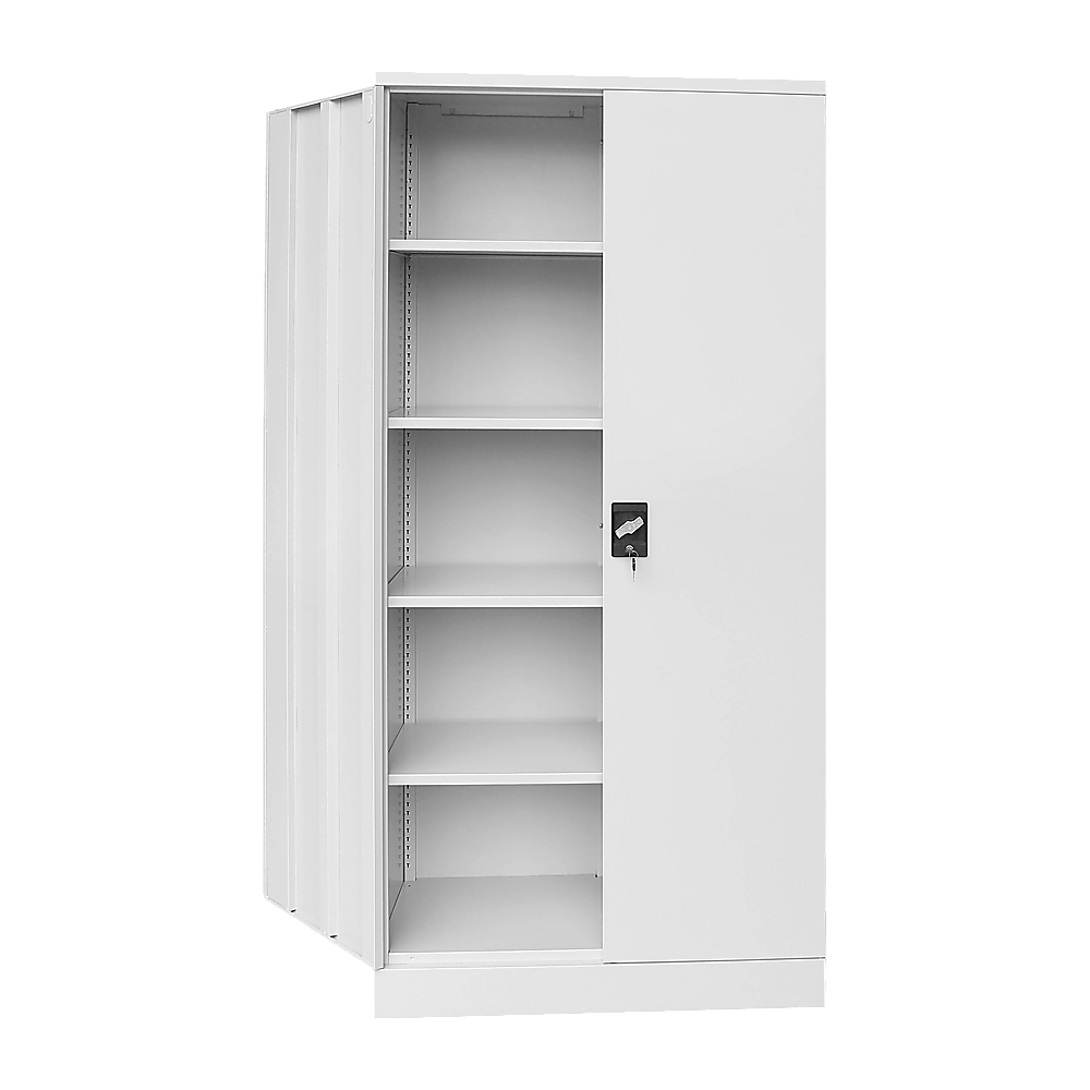 Two-door filing locker cabinet with side-open door and four interior shelves, white steel