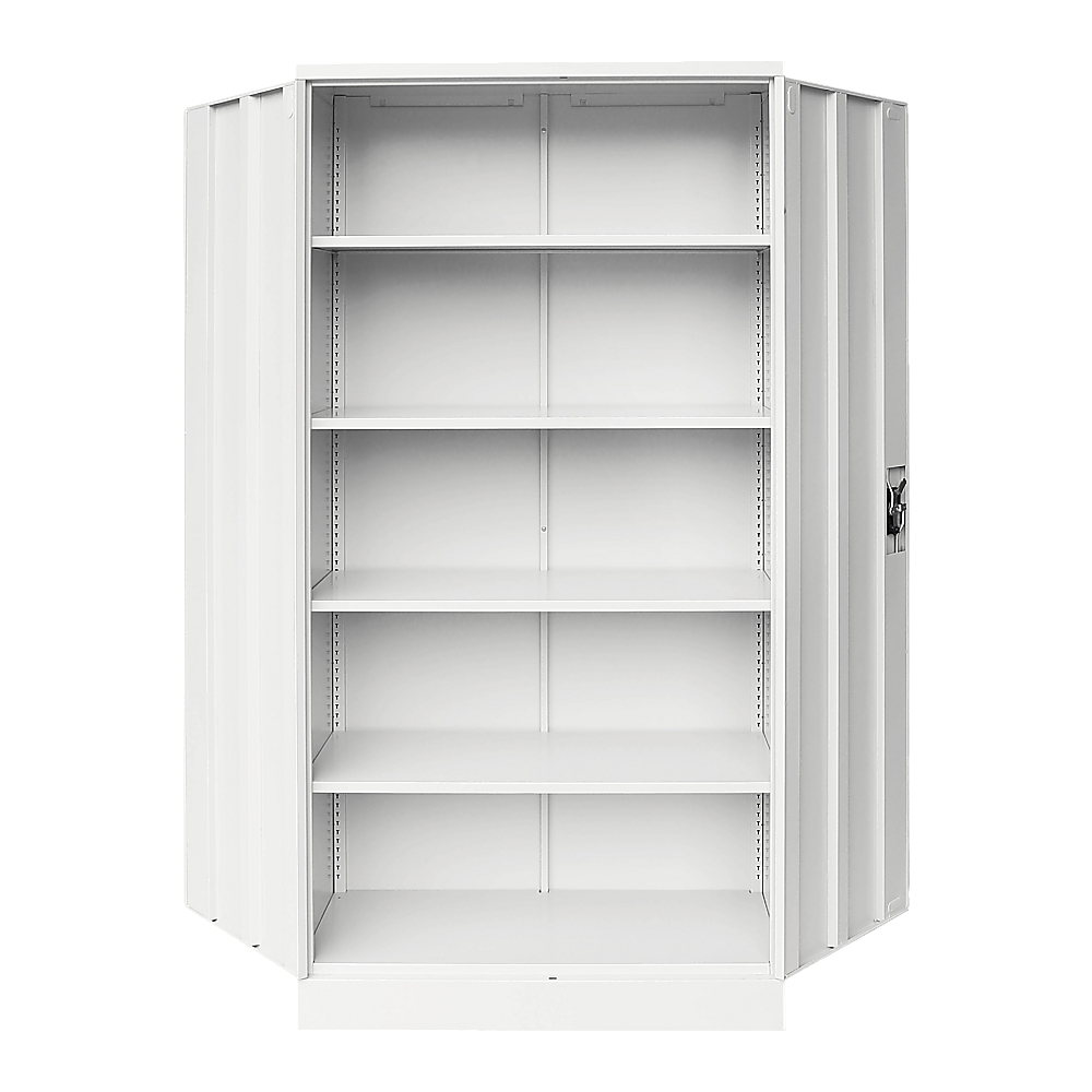 Two-door filing locker cabinet with wide open door showing multiple interior shelves