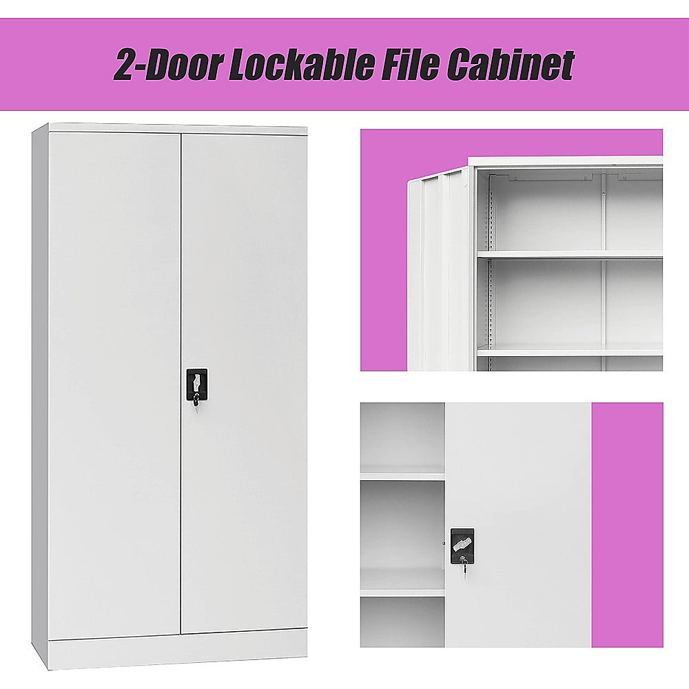 Two-door lockable file cabinet with lock and open interior shelving, white steel