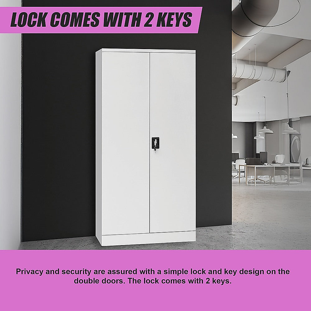 Two-door lockable file cabinet with keyed lock, white cabinet with two front doors