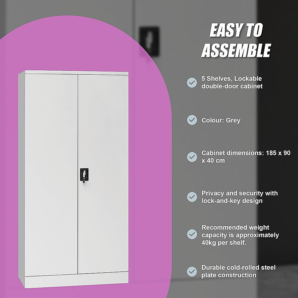 Two-door metal locker cabinet with lock, grey front doors and handle.
