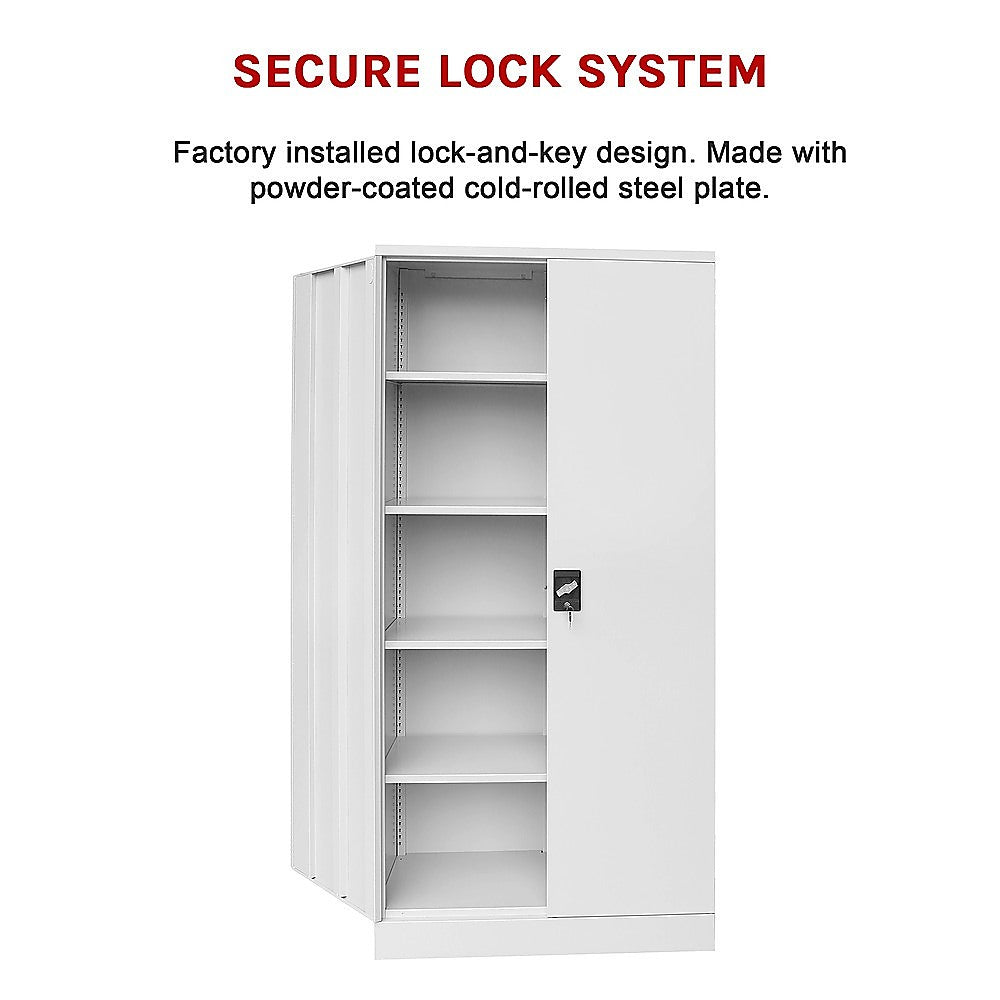 Open two-door locker cabinet showing interior shelves and lock latch.
