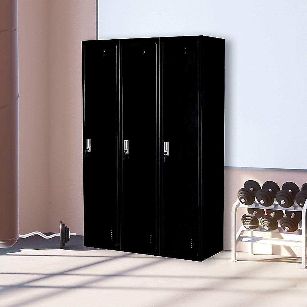 Three-door steel office locker with three black doors and silver key locks.