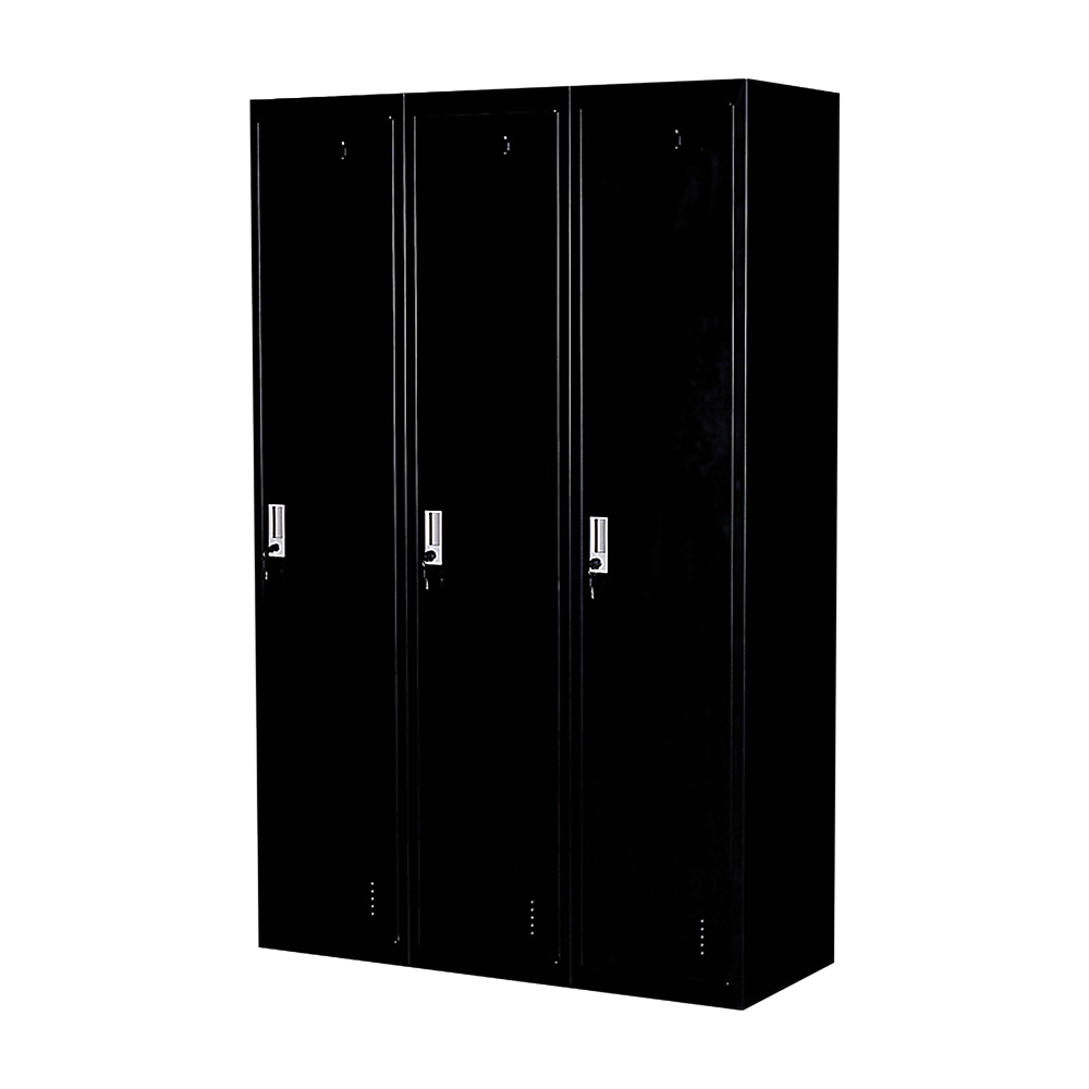 Three-door steel office locker with three black doors and key locks.