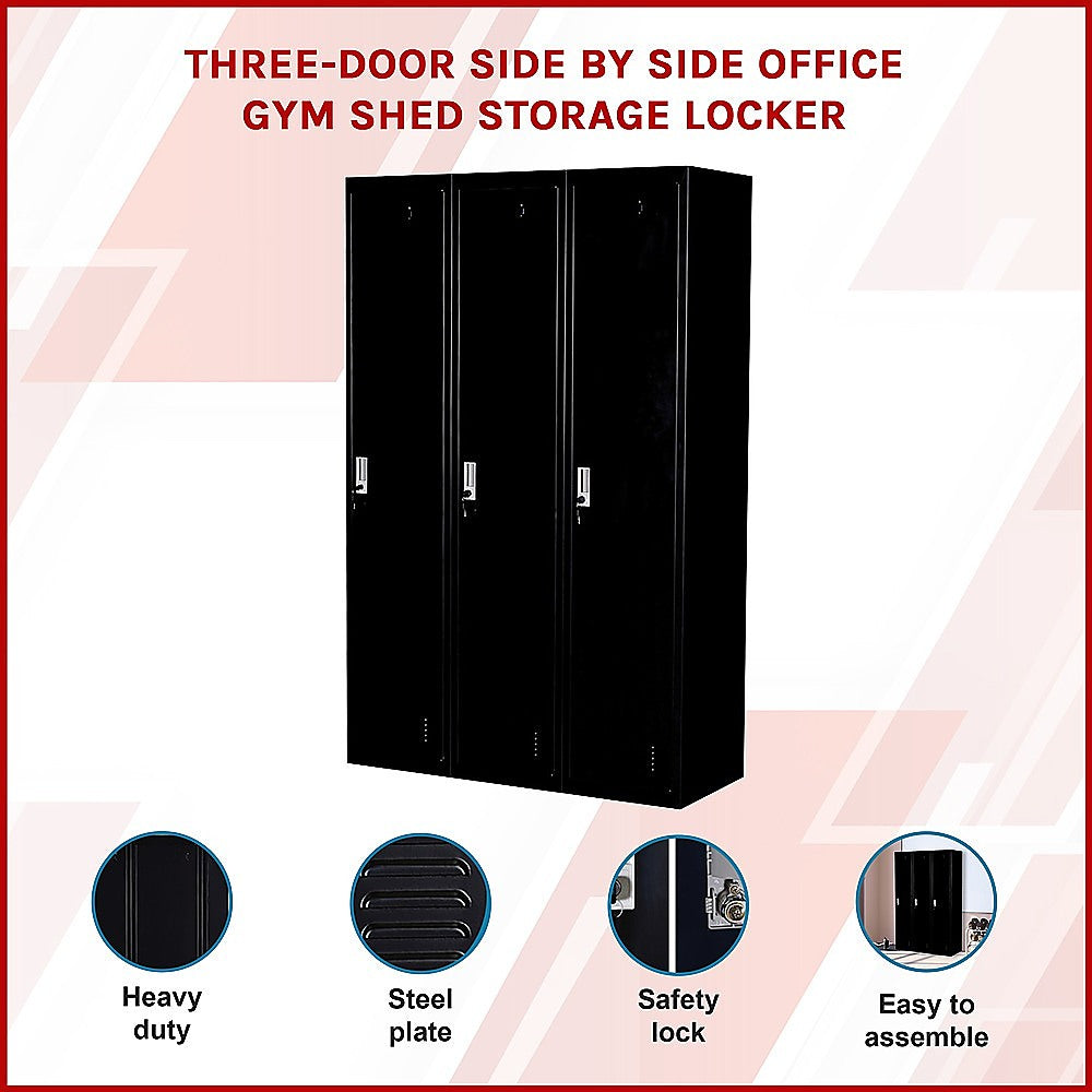 Three-door steel office locker with three black doors and built-in lock hardware.