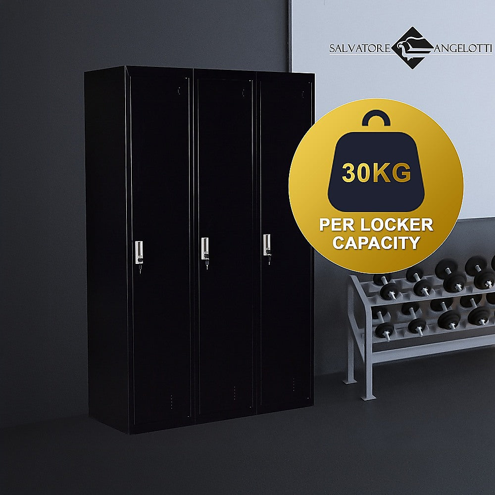 Three-door steel office locker with three black doors and silver key lock plates.