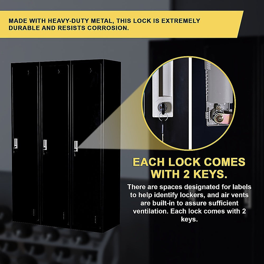 Three-door steel office locker lock hardware on black doors with silver latch.