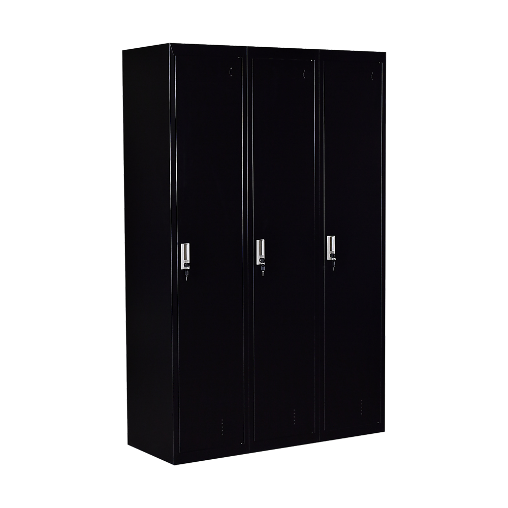 Three-door steel office locker with three black doors and vertical silver lock handles.