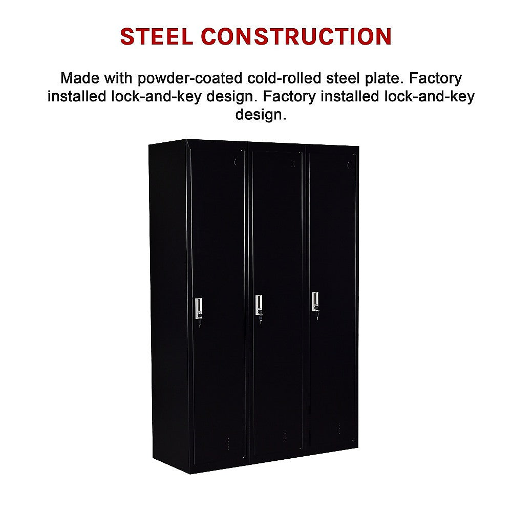 Three-door steel office locker with three black doors and silver key lock levers.