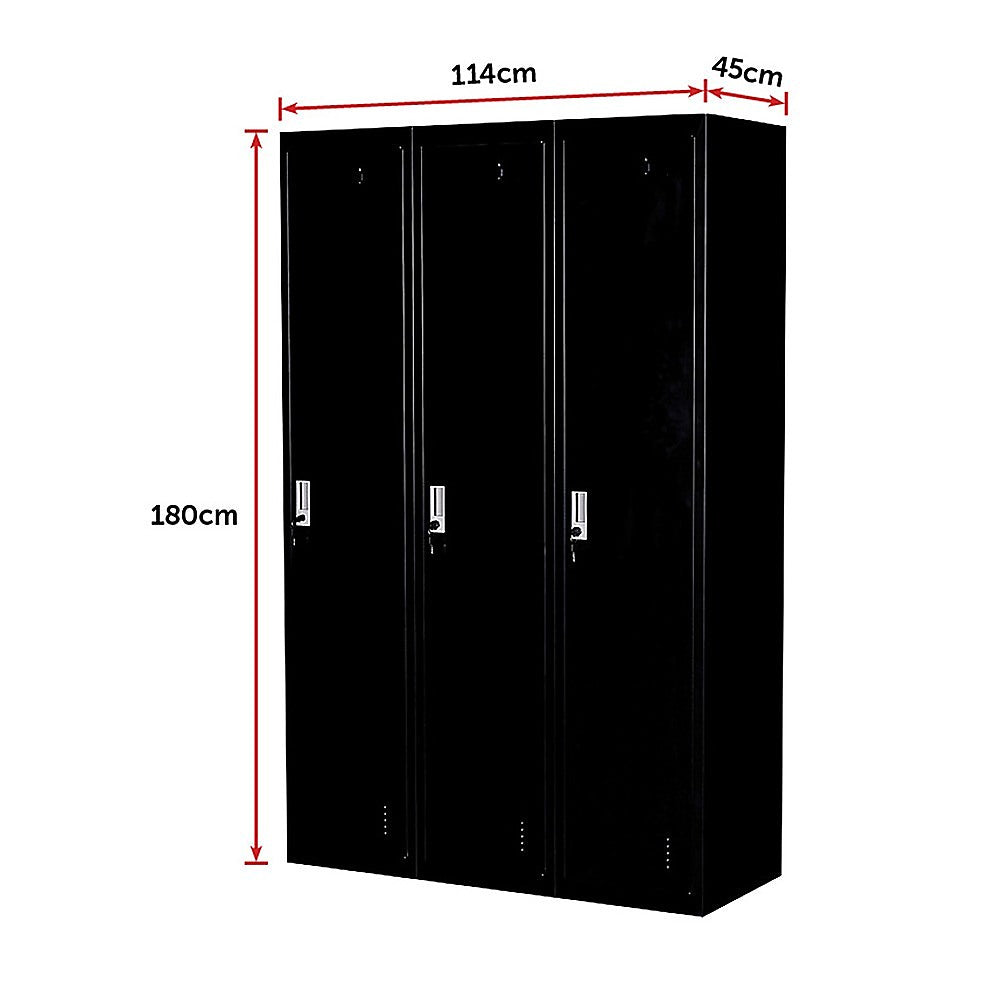 Three-door steel office locker shown from front with three black doors and locks.