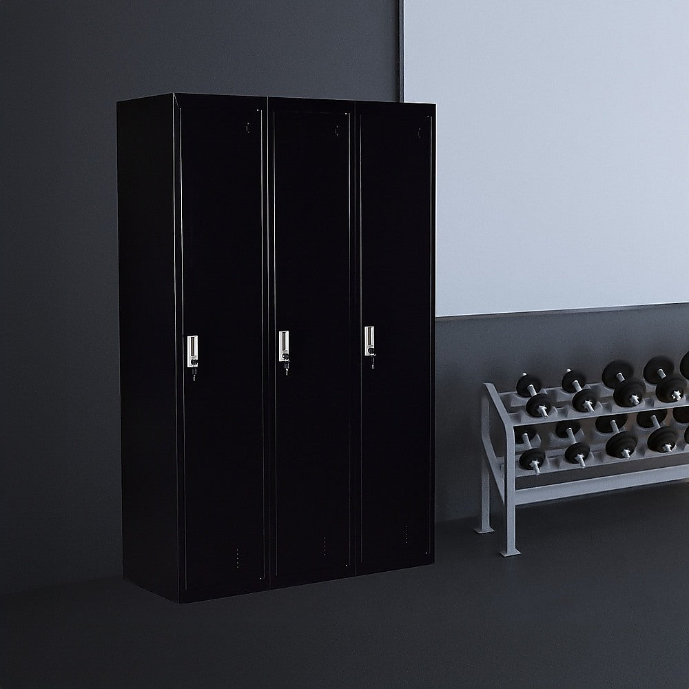 Three-door steel office locker with three black doors and silver key locks.