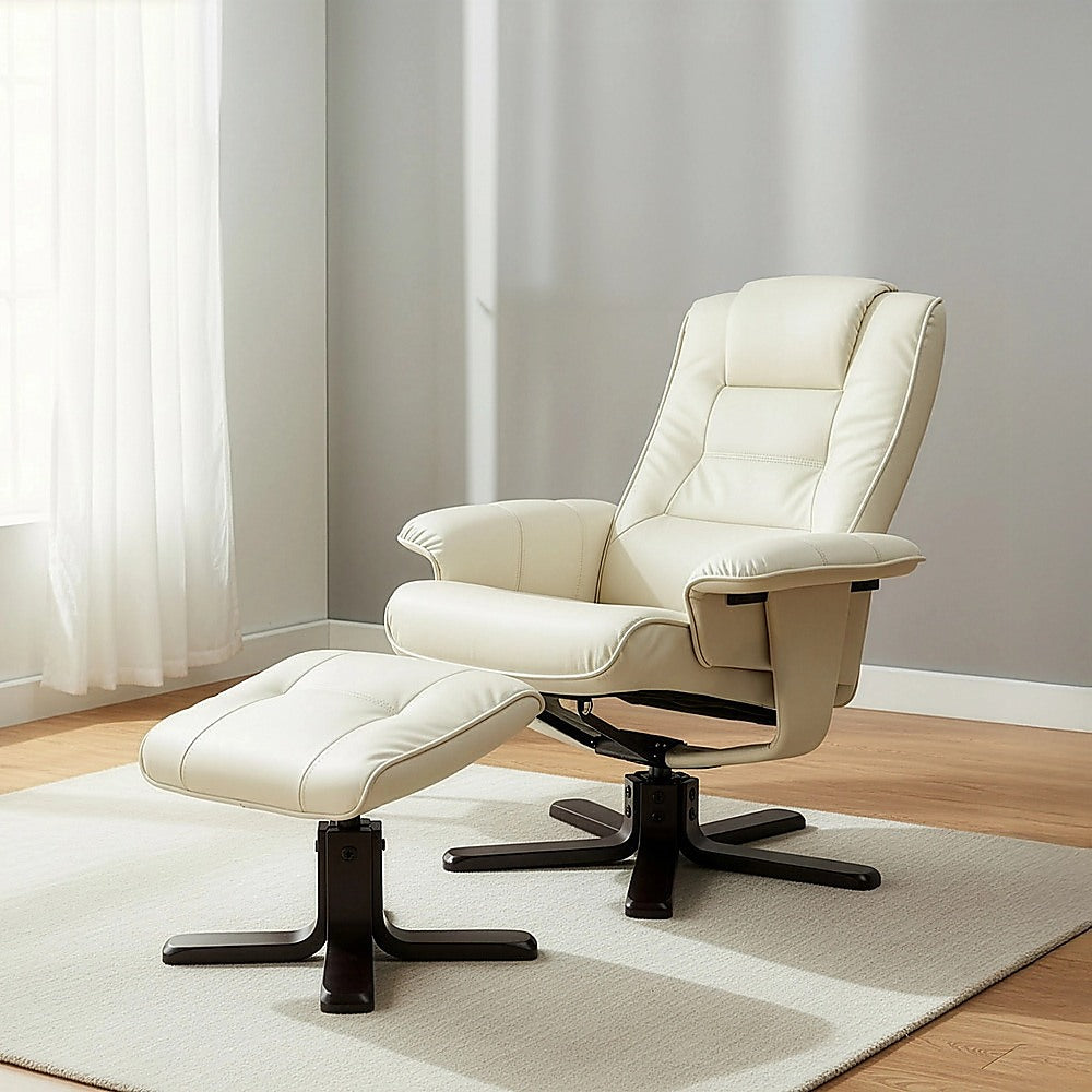Cream PU leather massage recliner with ottoman on black swivel base