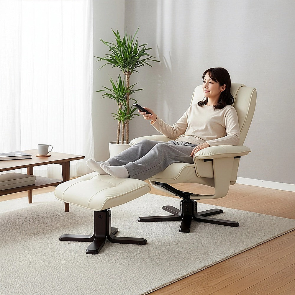 Cream PU leather massage recliner with ottoman, curved frame and black swivel base