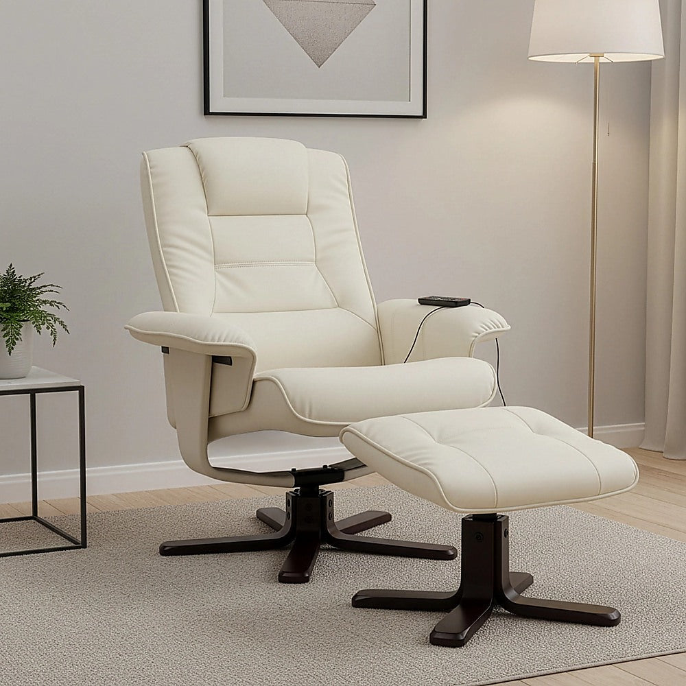 Cream PU leather recliner chair with ottoman, padded backrest and black swivel legs