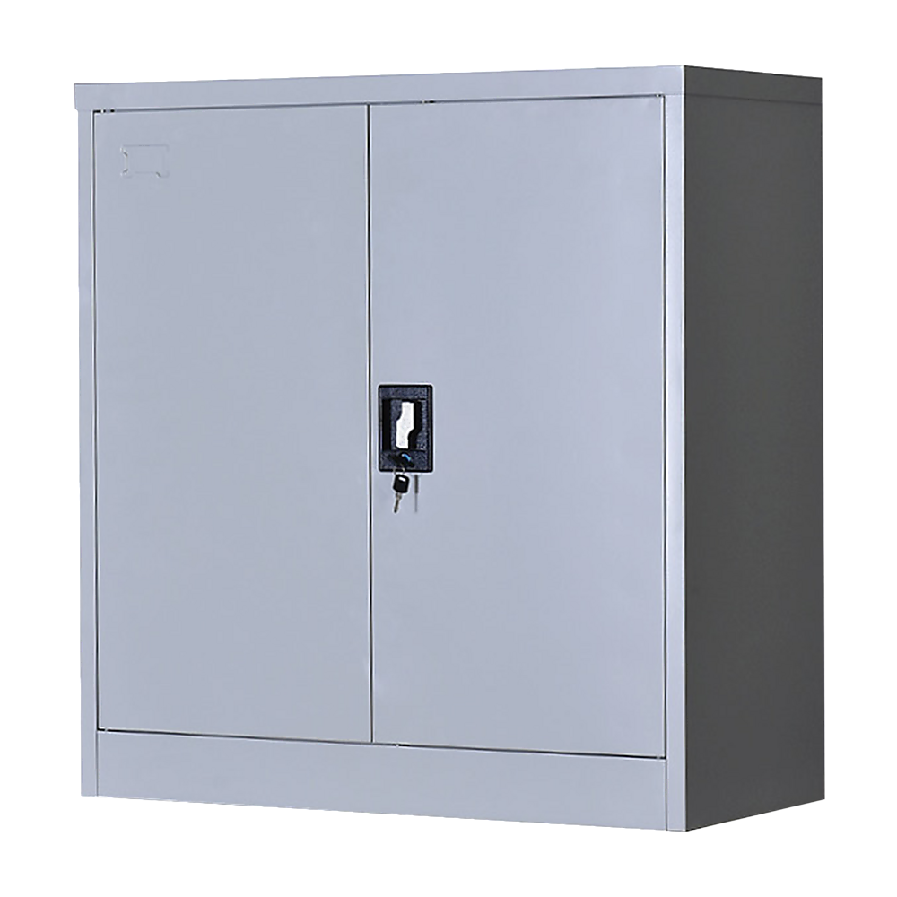 Two-door metal storage cabinet with built-in key lock, light gray finish.