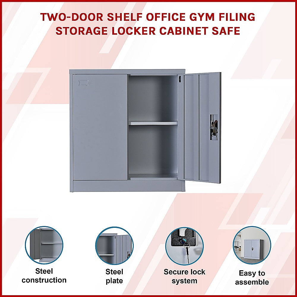 Two-door storage cabinet with doors open to reveal two interior shelves and lock.
