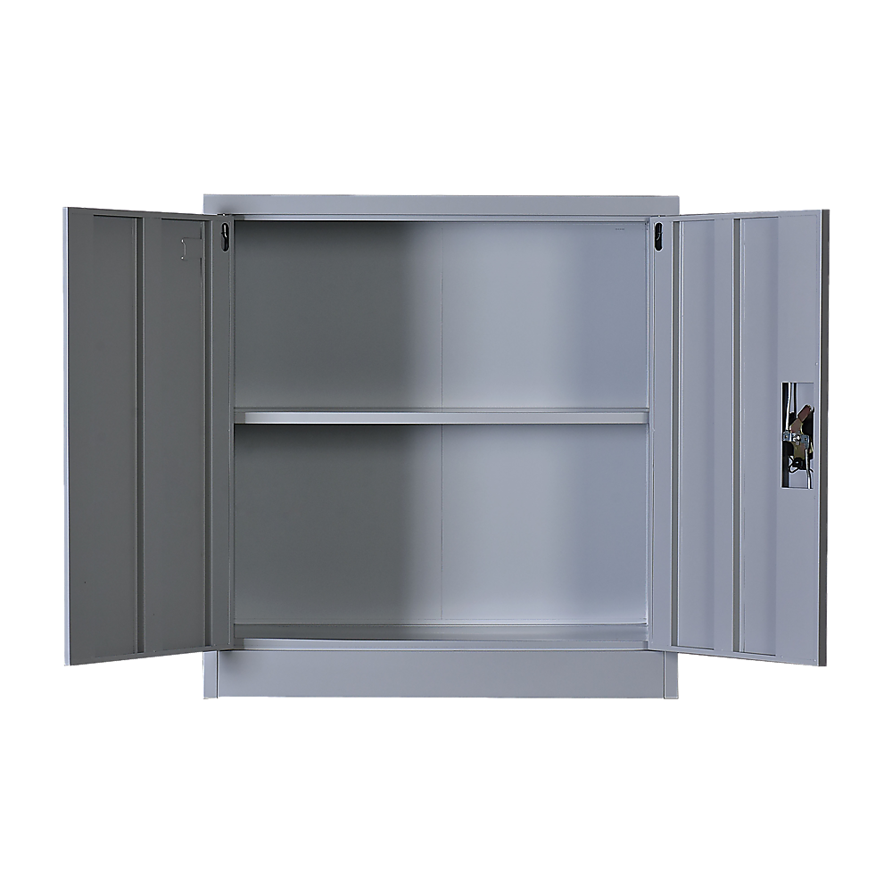 Two-door storage cabinet with interior shelves visible, doors open, light gray metal.