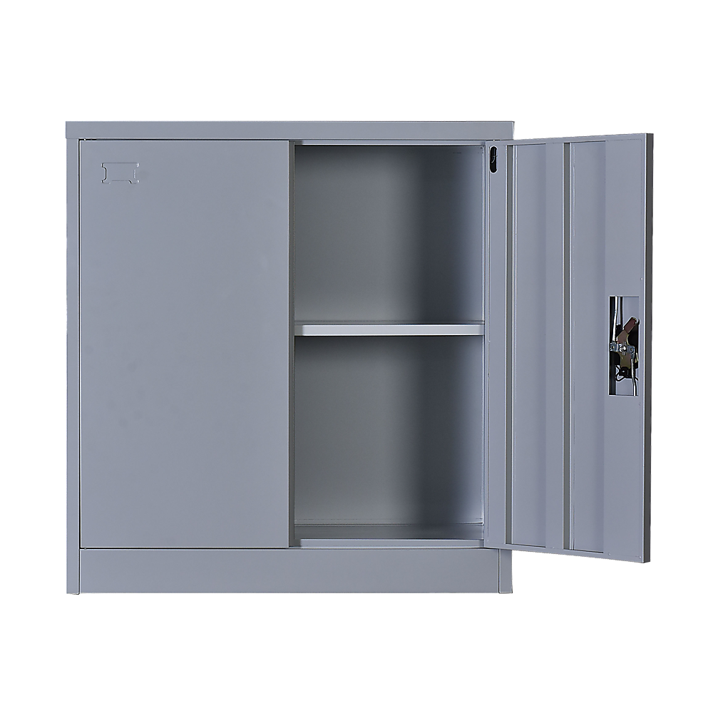 Two-door metal storage cabinet open, showing central shelving and side door panels.
