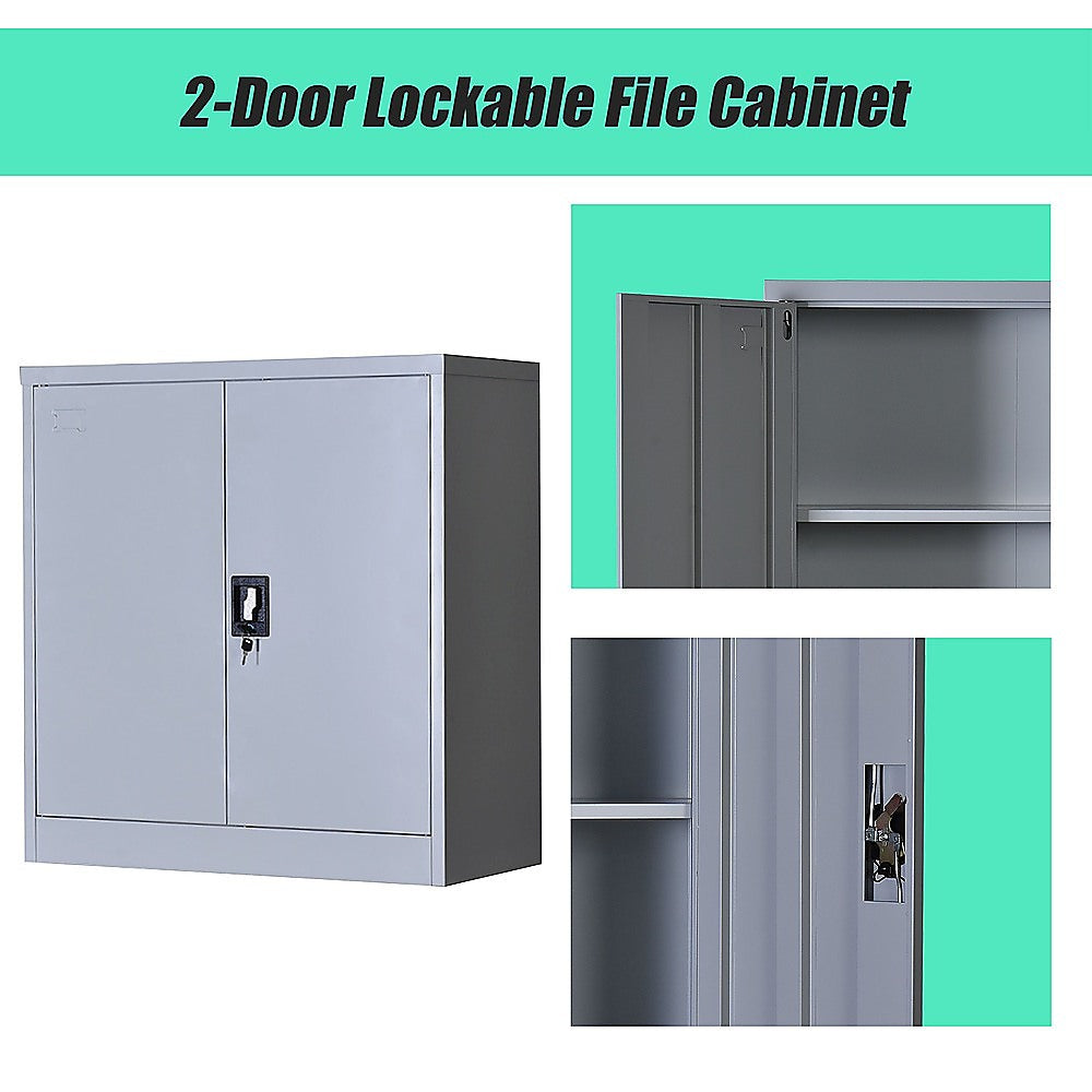 Lockable two-door file cabinet with key lock, light gray doors and side panels.