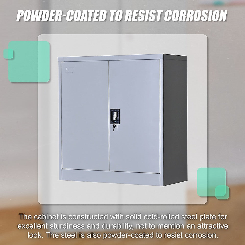 Powder-coated two-door storage cabinet with key lock, light gray front doors.
