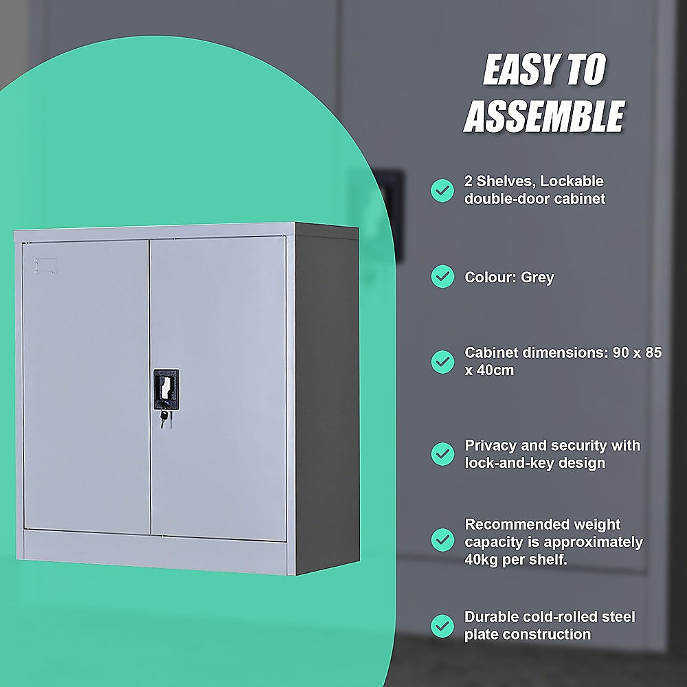 Grey two-door office storage cabinet with lock-and-key and two adjustable shelves