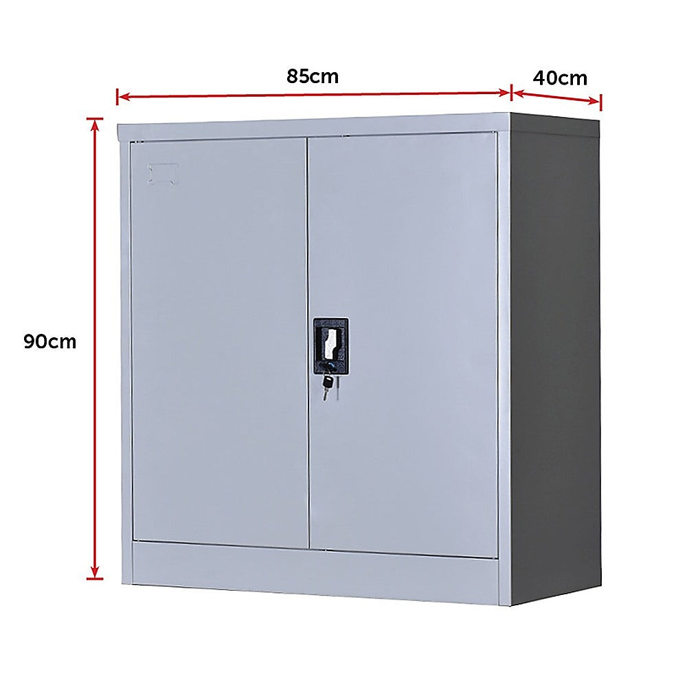 Grey two-door cabinet with lock-and-key, shown with height and width measurements