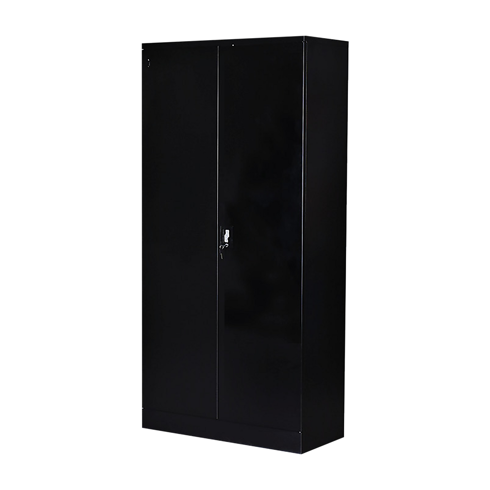 Two-door metal storage cabinet safe, black finish, vertical doors with handle