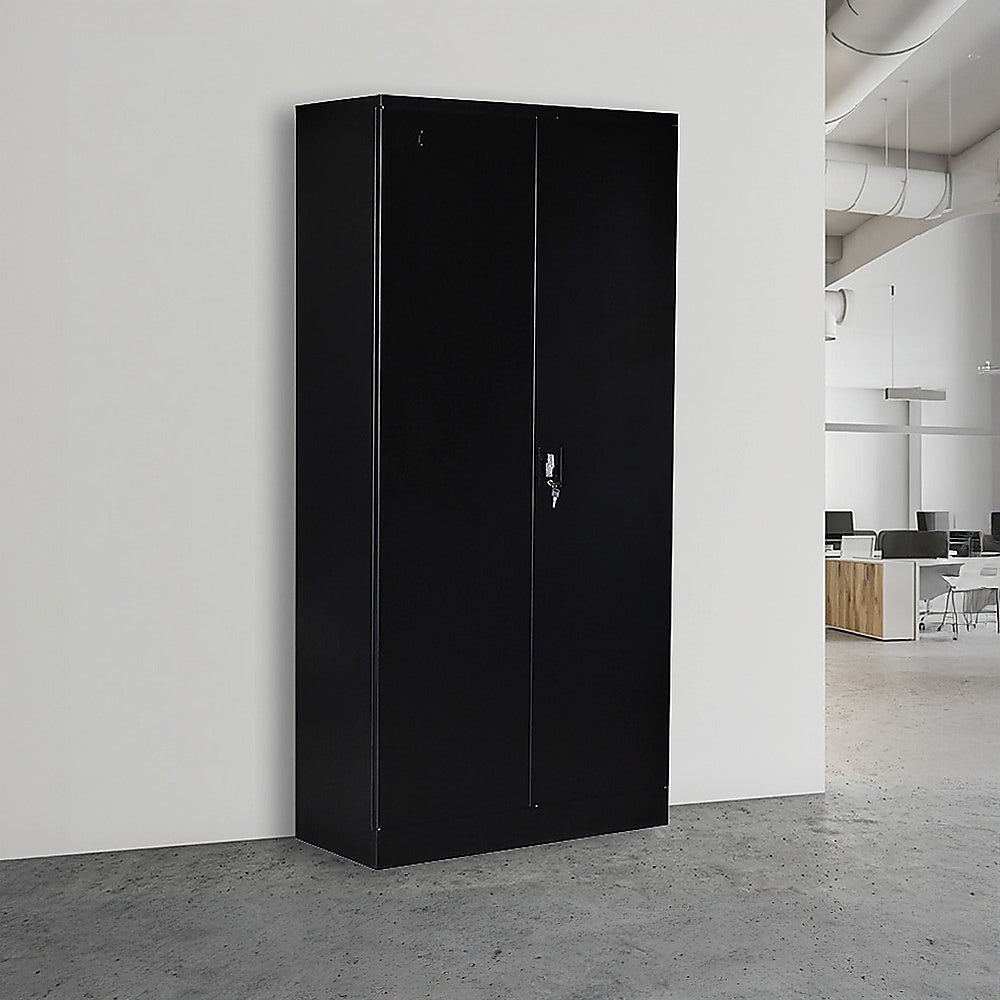 Two-door storage locker cabinet safe in black, shown from front corner