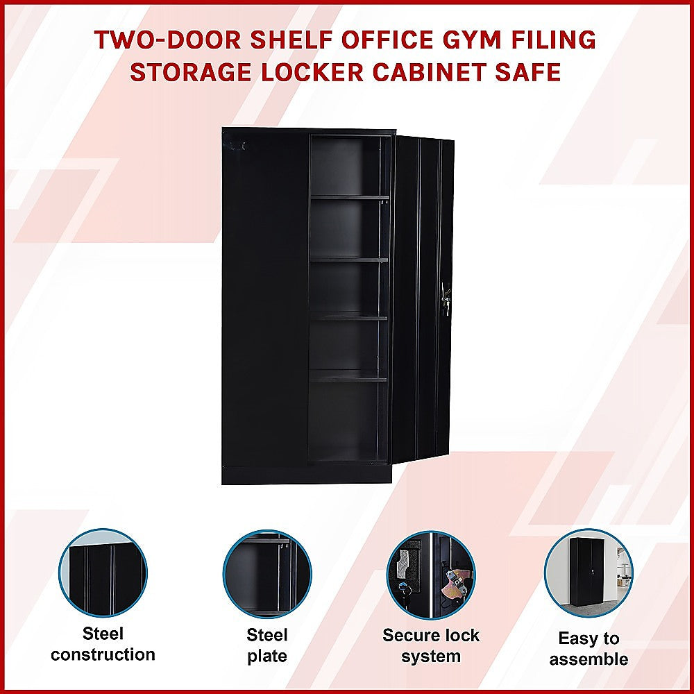 Two-door storage locker cabinet safe with open shelves, black steel cabinet