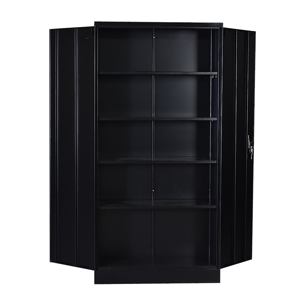 Two-door storage cabinet safe with interior shelves, black, doors open
