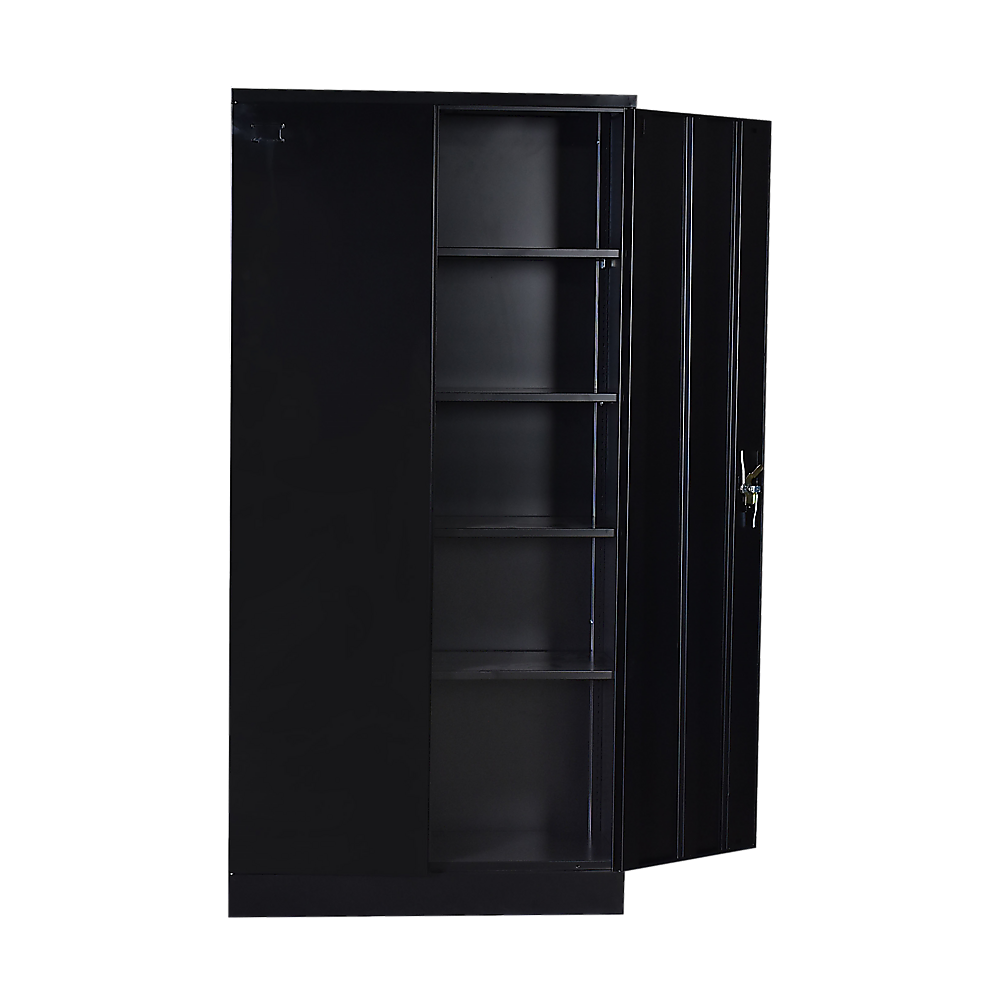 Two-door storage cabinet safe with open interior shelves, black steel body