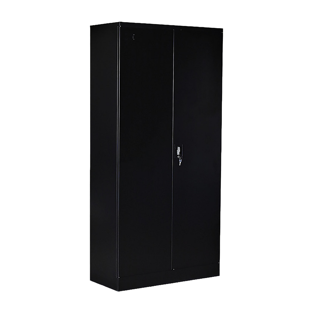 Two-door metal storage cabinet safe, black, front view with door handle