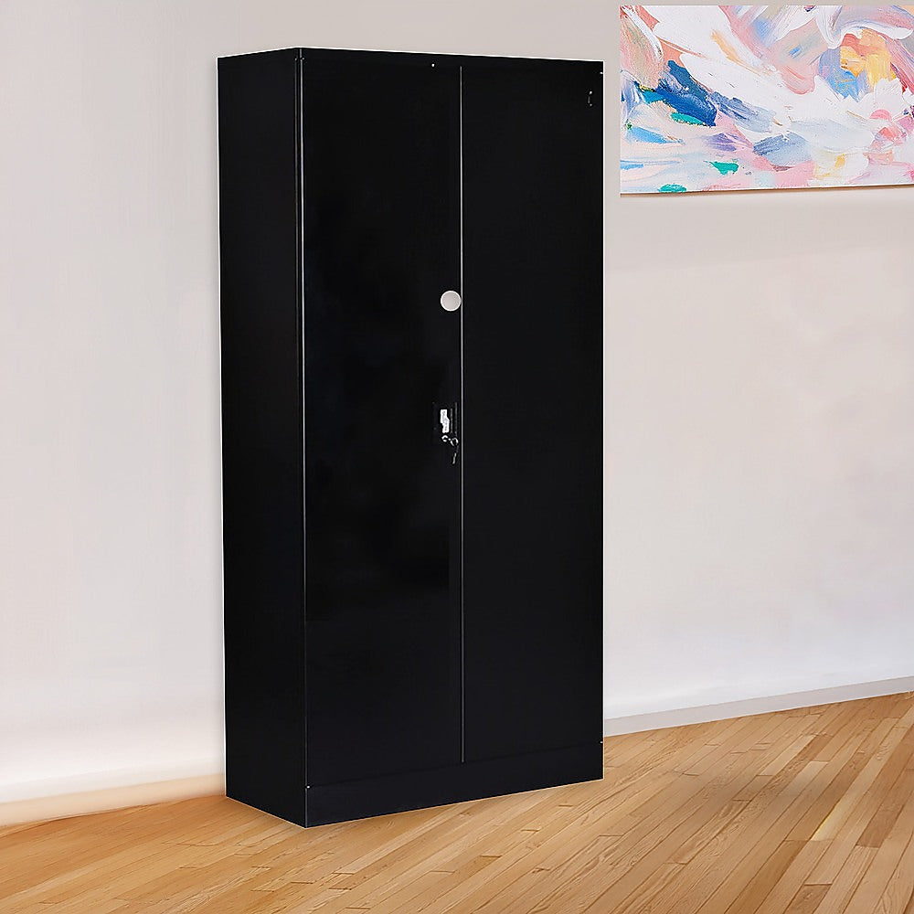 Two-door storage locker cabinet safe, black, front doors closed
