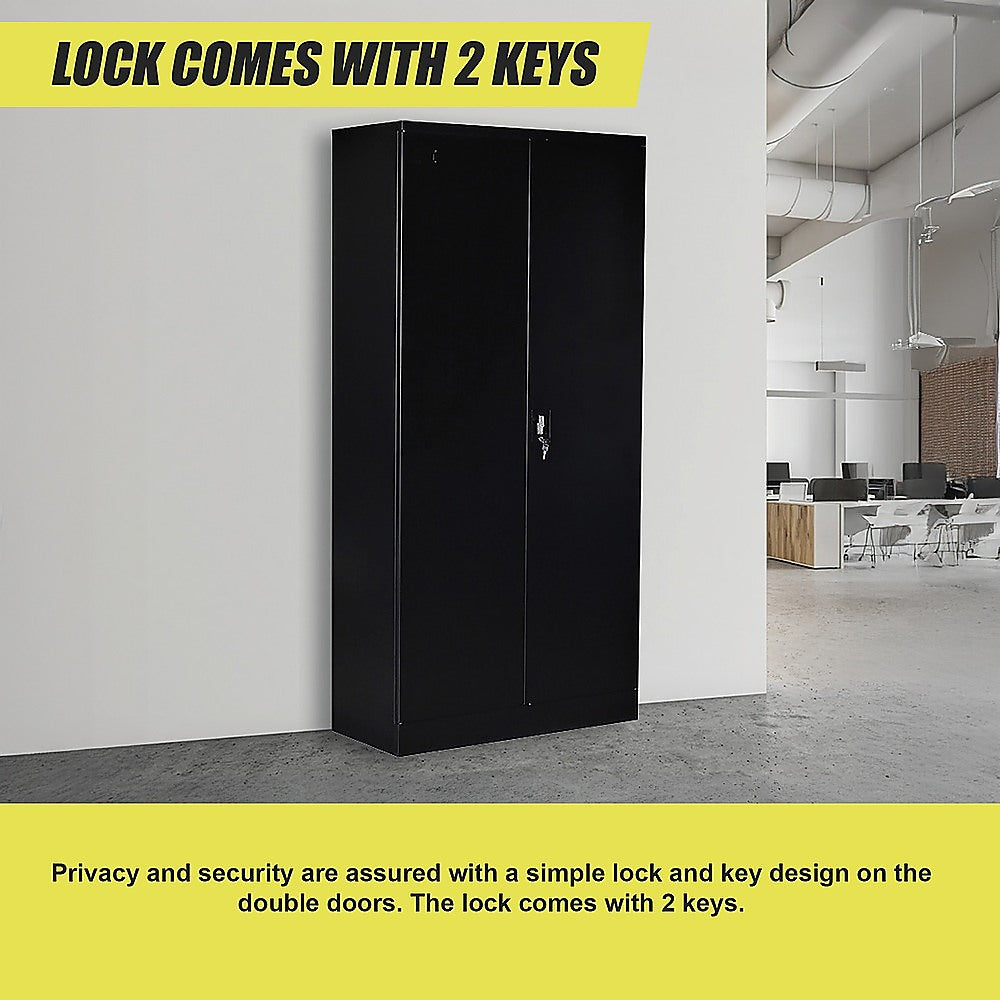 Two-door storage locker cabinet safe in black, with door handle and lock