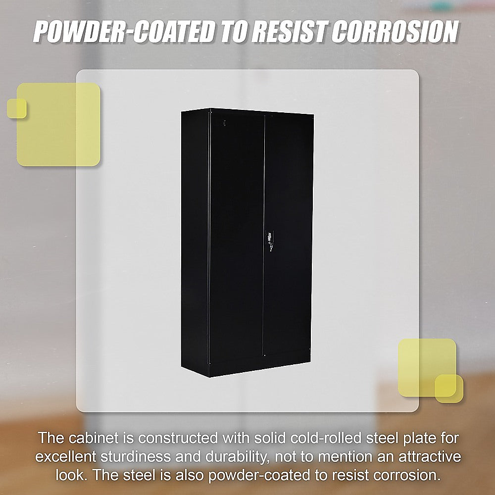 Two-door metal storage cabinet safe, black, powder-coated finish shown