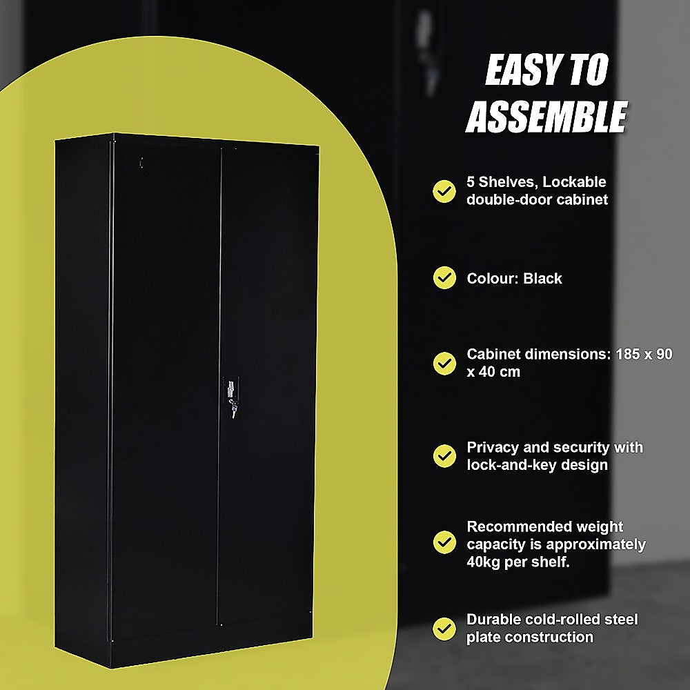 Two-door storage cabinet safe in black, front doors closed, lock-and-shelf design