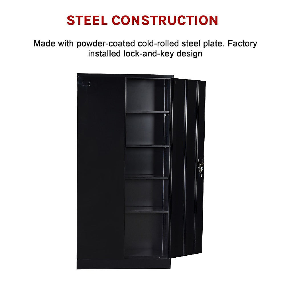 Steel two-door locker cabinet safe with open shelf compartments, black exterior