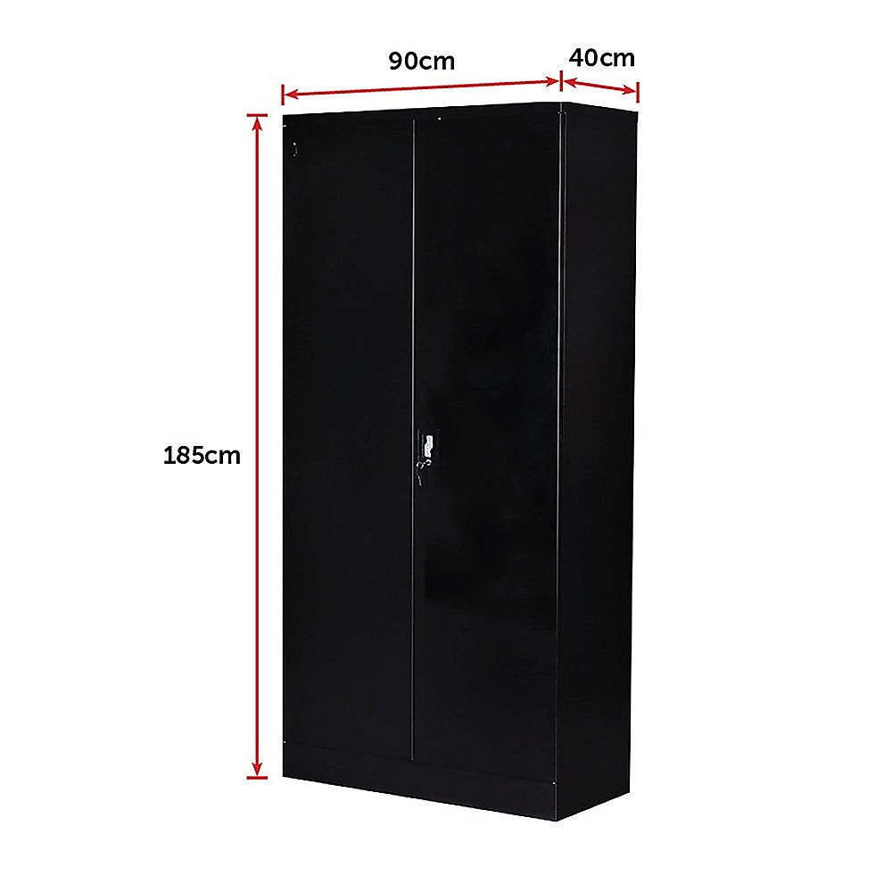 Steel two-door locker cabinet safe, black, front view with dimensions 185 x 90 x 40 cm