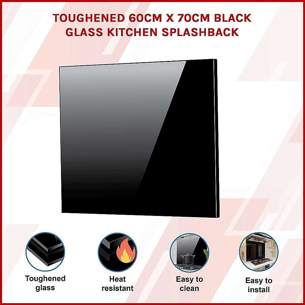 Toughened 60cm x 70cm Black Glass Kitchen Splashback