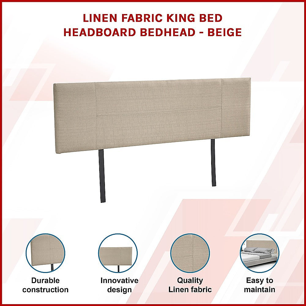 Beige linen king bed headboard with dark legs and rectangular upholstered panel