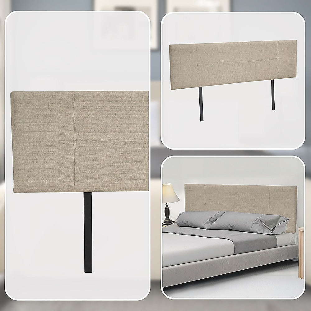 Beige linen king bed headboard shown in front and side views on dark legs