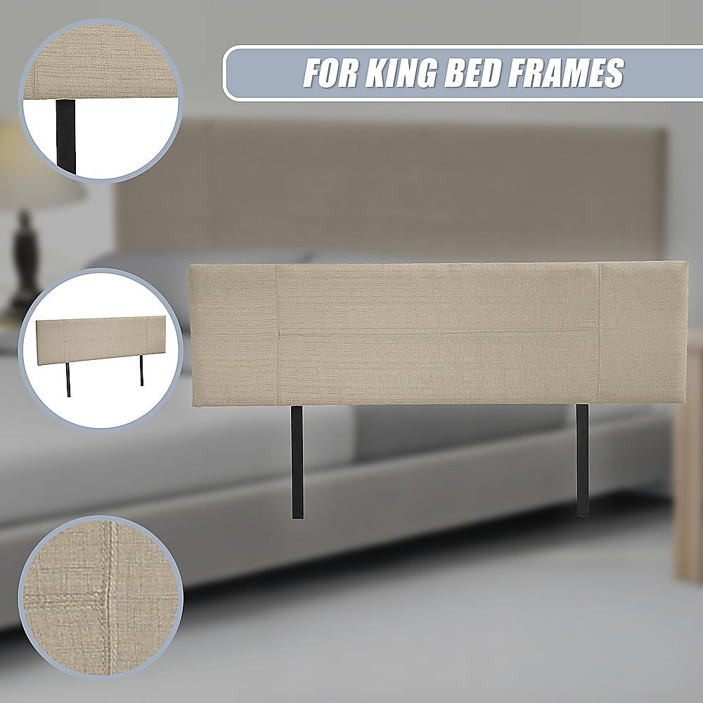Beige linen king bed headboard with stitched panels and black metal legs