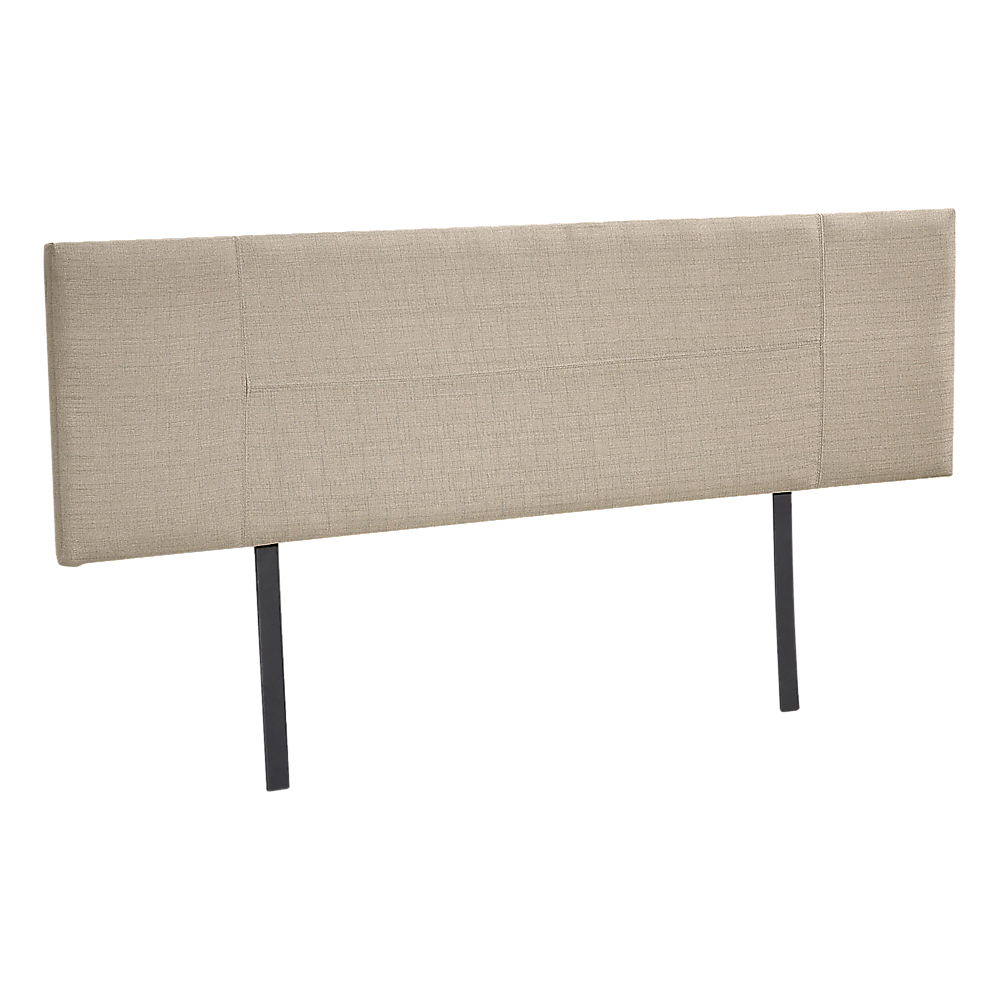 Beige linen king bed headboard with rectangular fabric panel and four dark legs