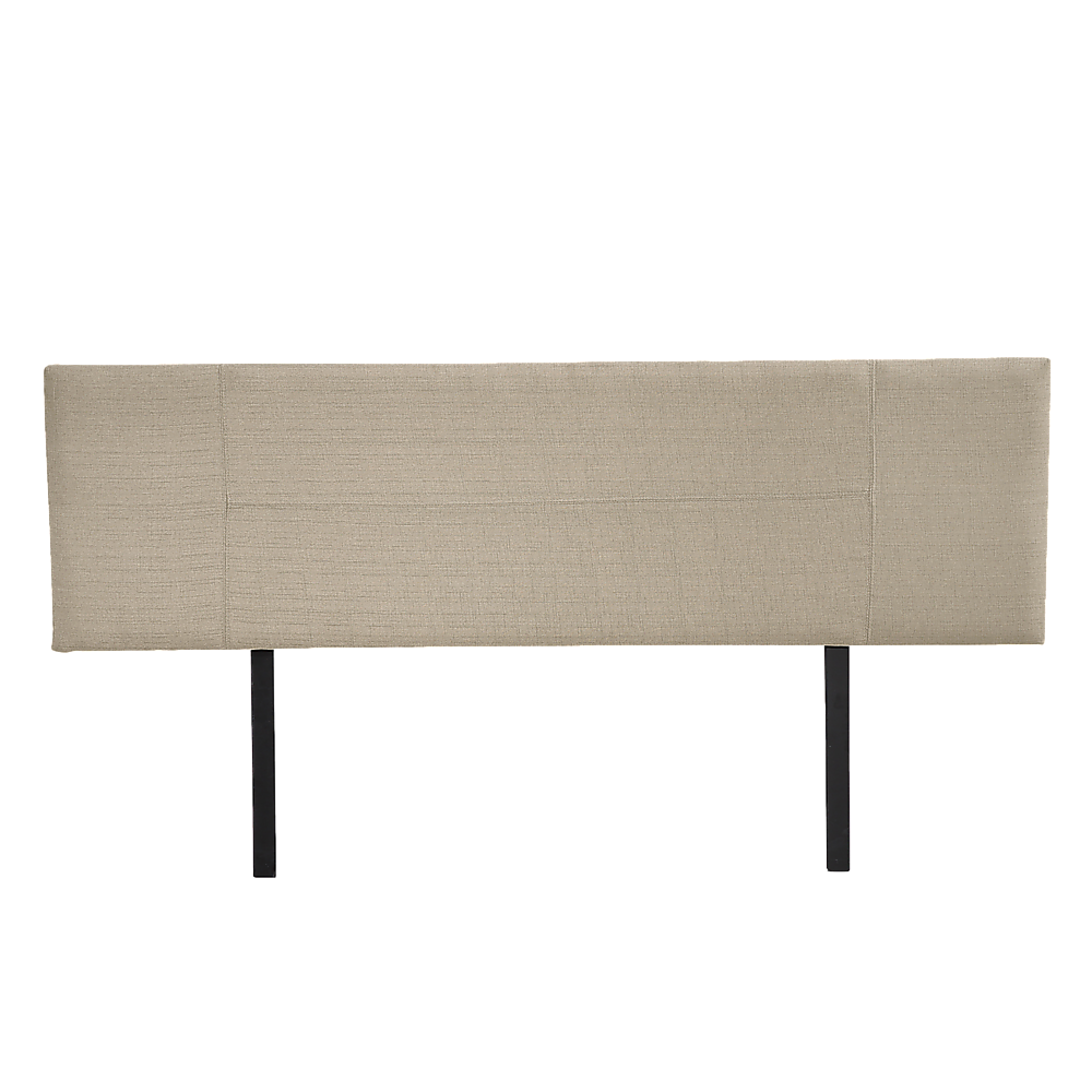 Beige linen king bed headboard with stitched rectangular panel and dark legs