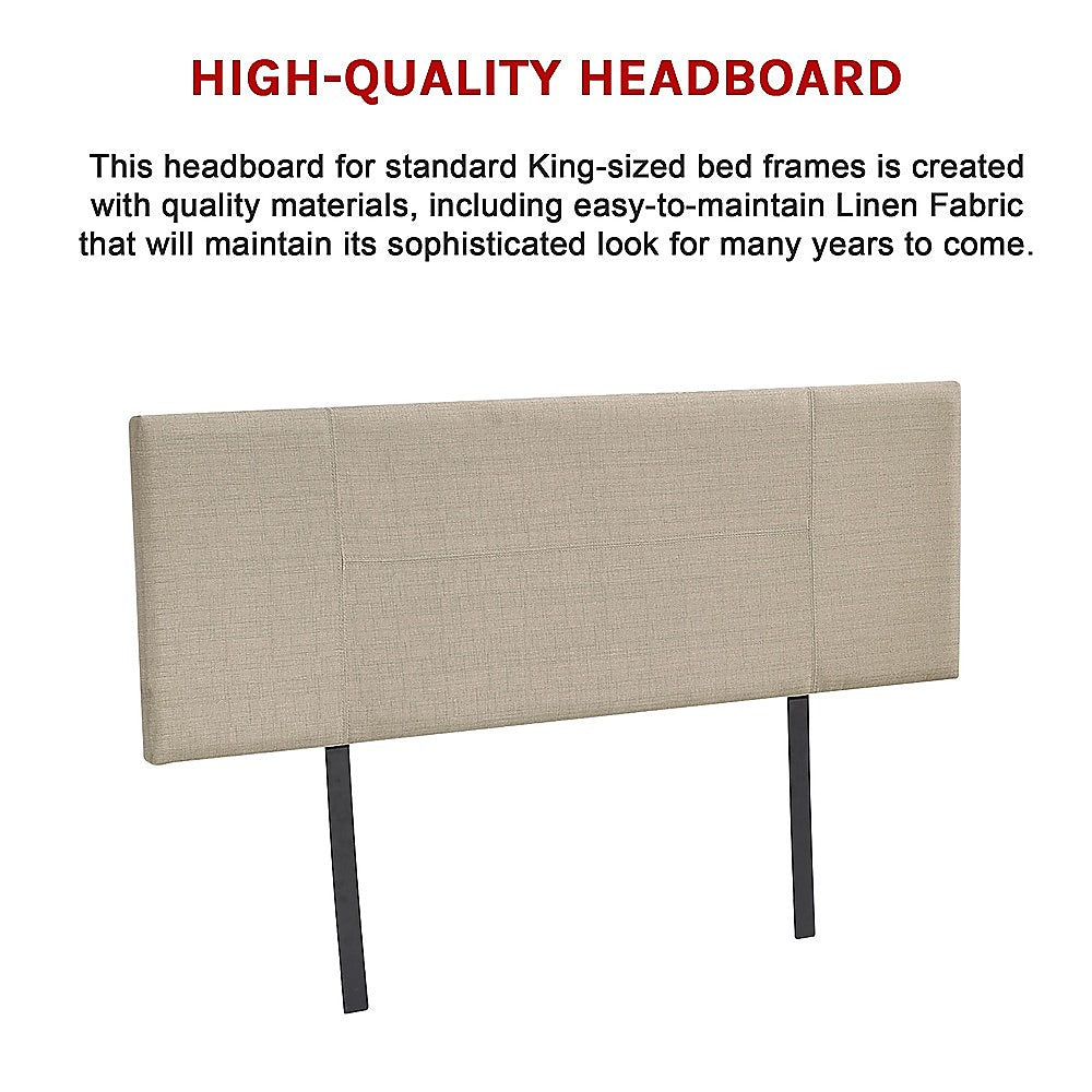 Beige linen king bed headboard with upholstered fabric panel and four dark legs